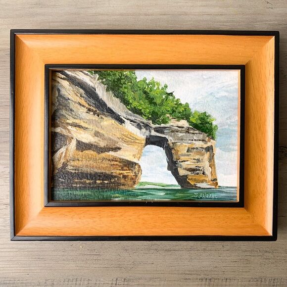 Framed Original Oil Painting Michigan Pictured Rocks Great Lakes 7.5x9.5" Signed - Picture 2 of 4